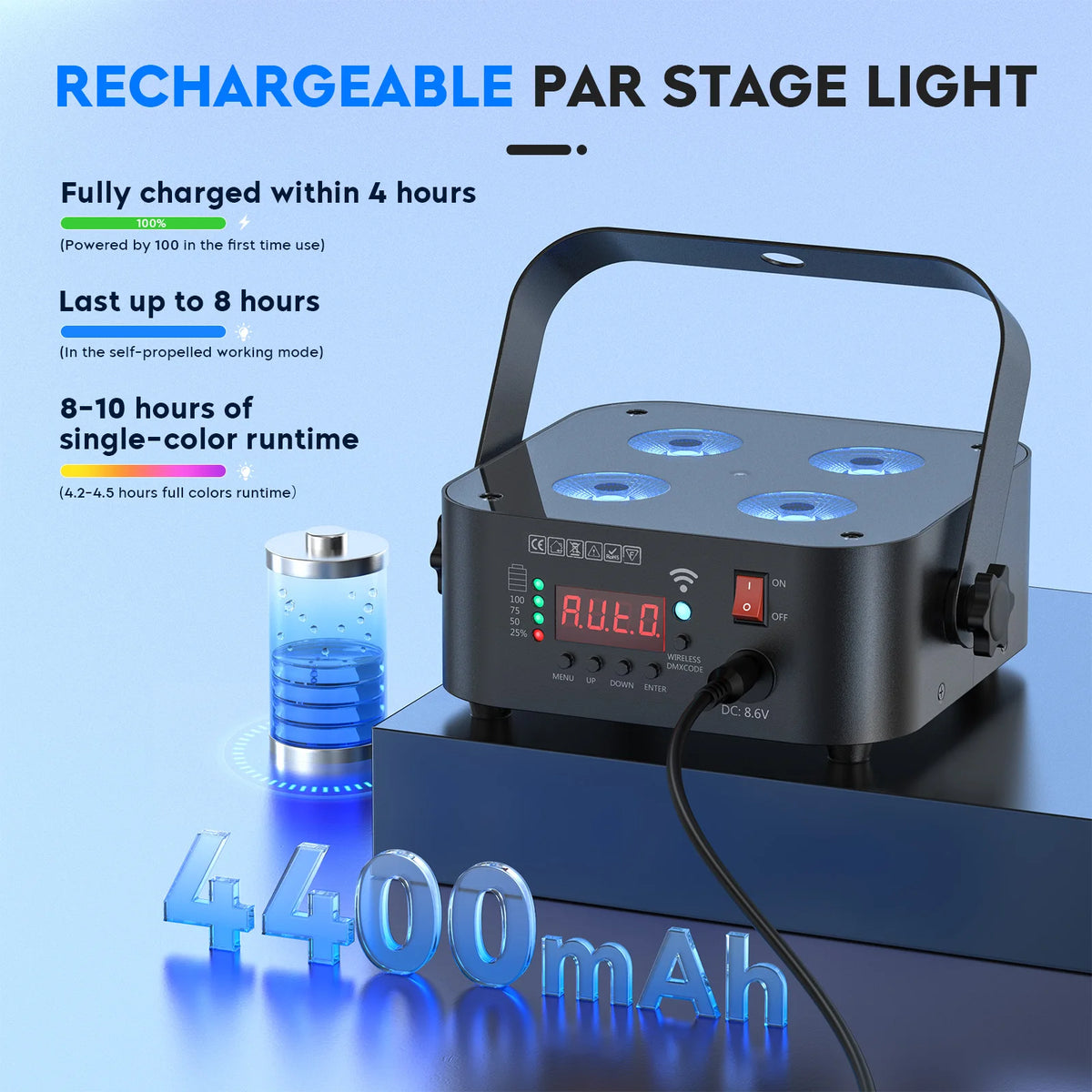 4-Pack/8-Pack 4x18W 6-in-1 RGBWA+UV Wireless Battery LED Par Light - App & DMX Controlled Stage Uplight for DJ, Party & Events