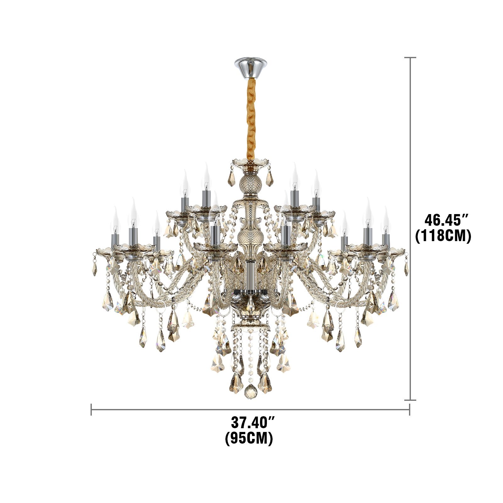 Luxurious 15 Lights Chandeliers Cognac Crystal Chandelier Adjustable Hanging Ceiling Pendant Light Vintage Lighting