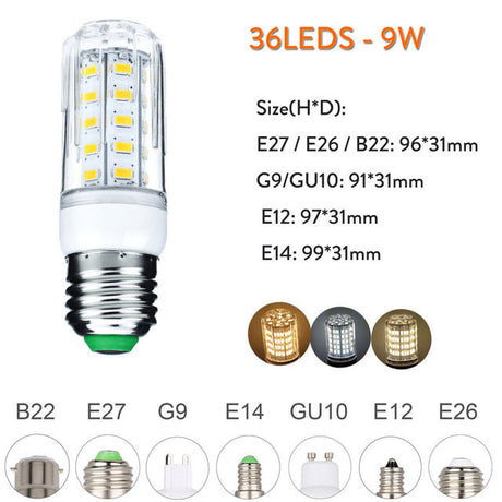 1000 Lumen 6W 12W 15W 20W 25W LED Corn Light Bulbs 110V 220V E27 B22 Luce LED E14 G9 GU10 Screw Base Neutral White Lamps 360 Ray