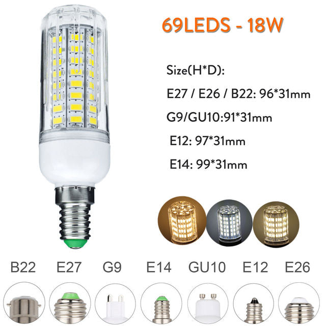 1000 Lumen 6W 12W 15W 20W 25W LED Corn Light Bulbs 110V 220V E27 B22 Luce LED E14 G9 GU10 Screw Base Neutral White Lamps 360 Ray