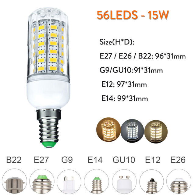 1000 Lumen 6W 12W 15W 20W 25W LED Corn Light Bulbs 110V 220V E27 B22 Luce LED E14 G9 GU10 Screw Base Neutral White Lamps 360 Ray