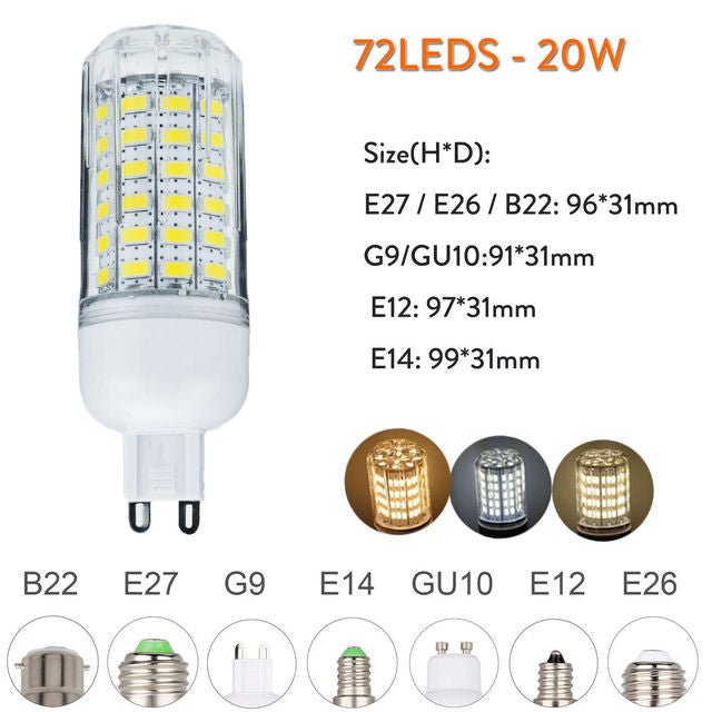 1000 Lumen 6W 12W 15W 20W 25W LED Corn Light Bulbs 110V 220V E27 B22 Luce LED E14 G9 GU10 Screw Base Neutral White Lamps 360 Ray