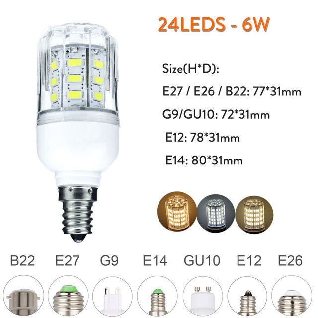 1000 Lumen 6W 12W 15W 20W 25W LED Corn Light Bulbs 110V 220V E27 B22 Luce LED E14 G9 GU10 Screw Base Neutral White Lamps 360 Ray