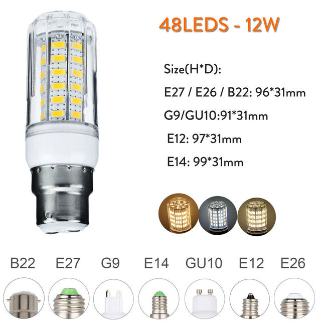 1000 Lumen 6W 12W 15W 20W 25W LED Corn Light Bulbs 110V 220V E27 B22 Luce LED E14 G9 GU10 Screw Base Neutral White Lamps 360 Ray