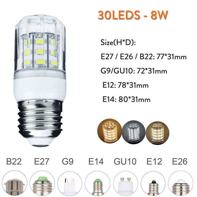1000 Lumen 6W 12W 15W 20W 25W LED Corn Light Bulbs 110V 220V E27 B22 Luce LED E14 G9 GU10 Screw Base Neutral White Lamps 360 Ray