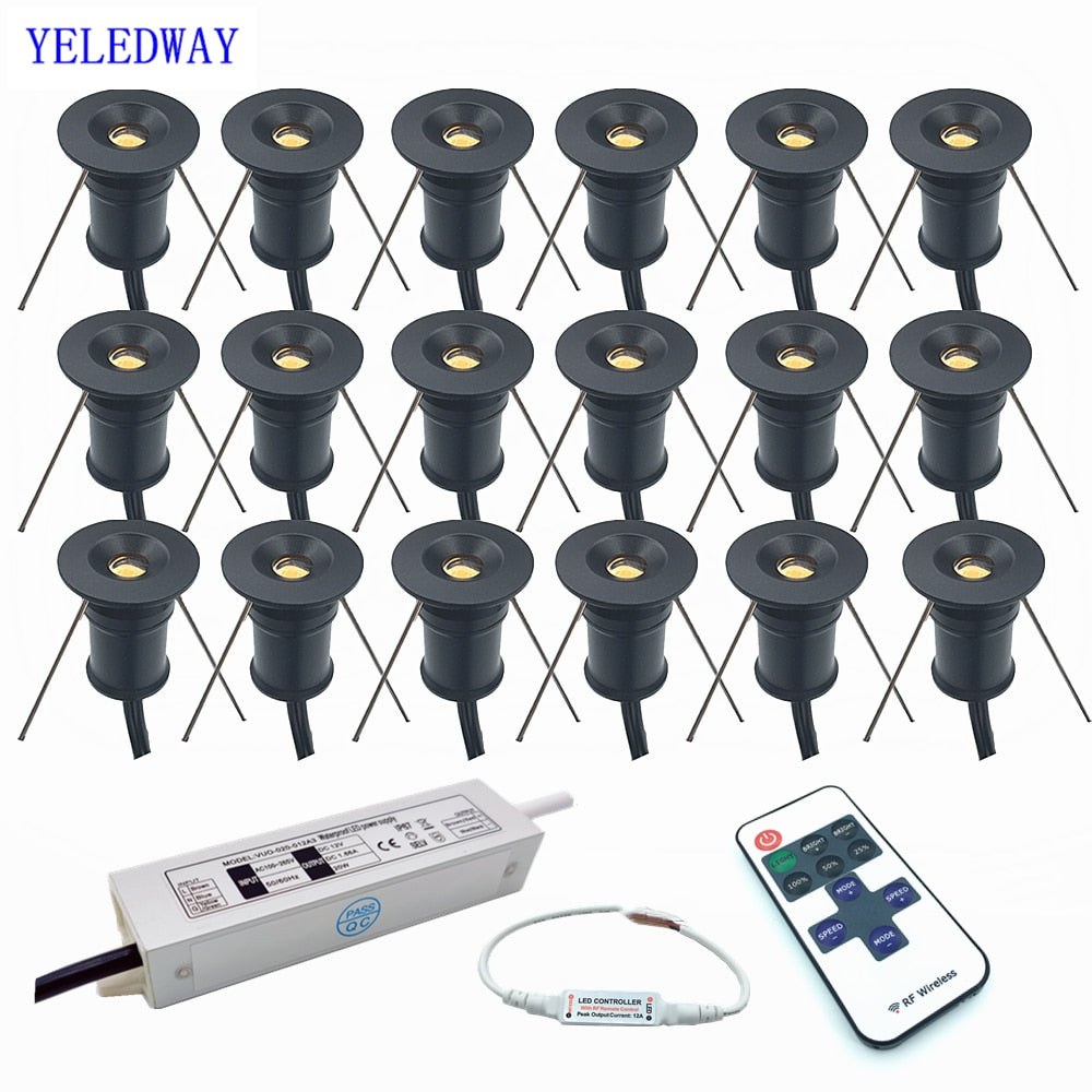 12V Mini LED Spot Downlights 1W Dimmable Ceiling Lamp Set Remote Controller 15mm Recessed Black Silver White Cabinet Spot Lights