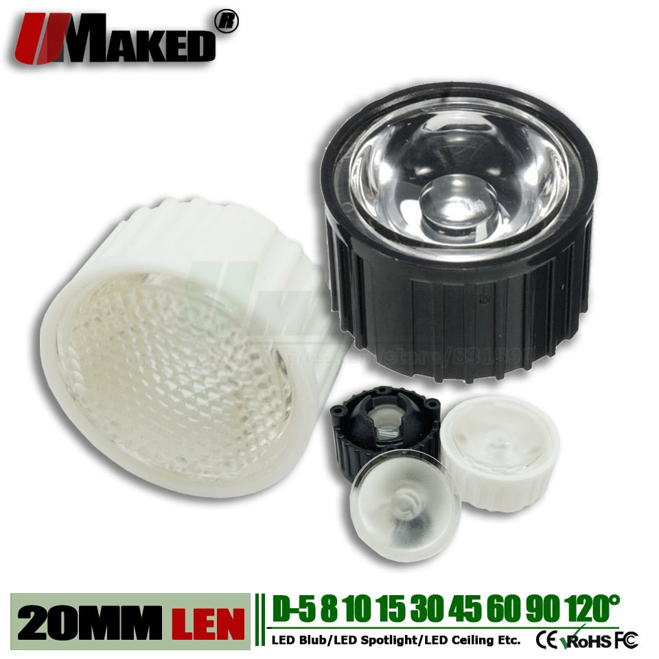 20MM LED Lens+Bracket Holder 1/3/5W High power light chip len PMMA 5 8 10 15 30 45 60 90 120 Degree for LED downlight floodlight