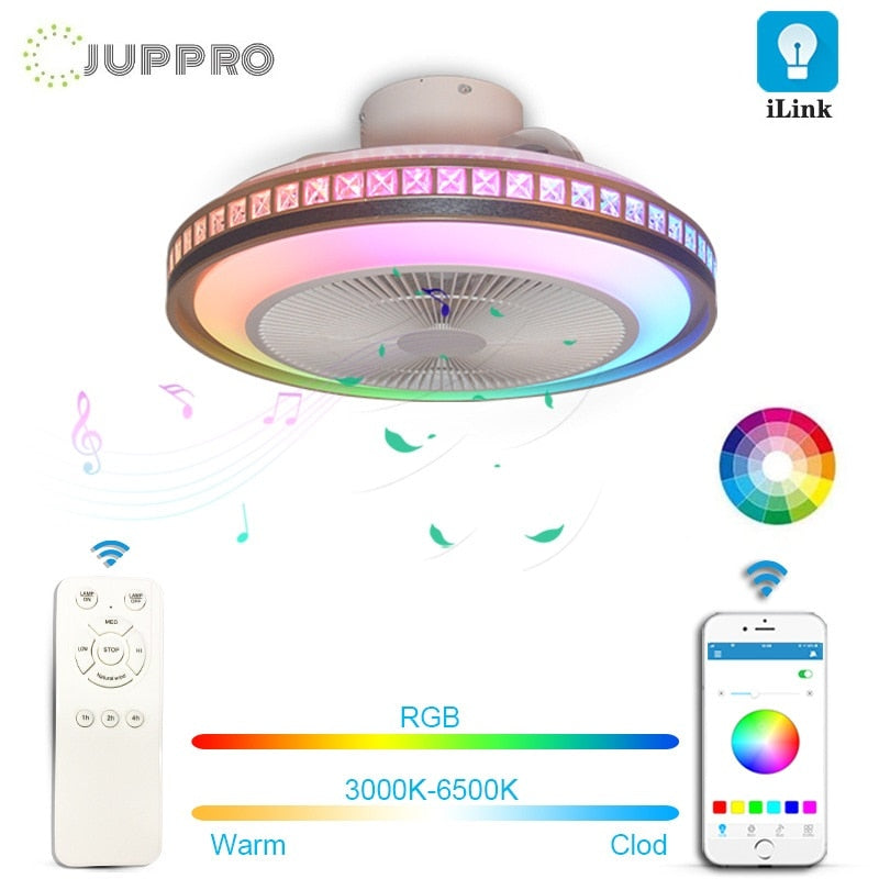 60W LED Ceiling Fan with Light RGB Modern Chandelier Lamp Dimmable with Bluetooth Speaker APP Remote Control for Living Room