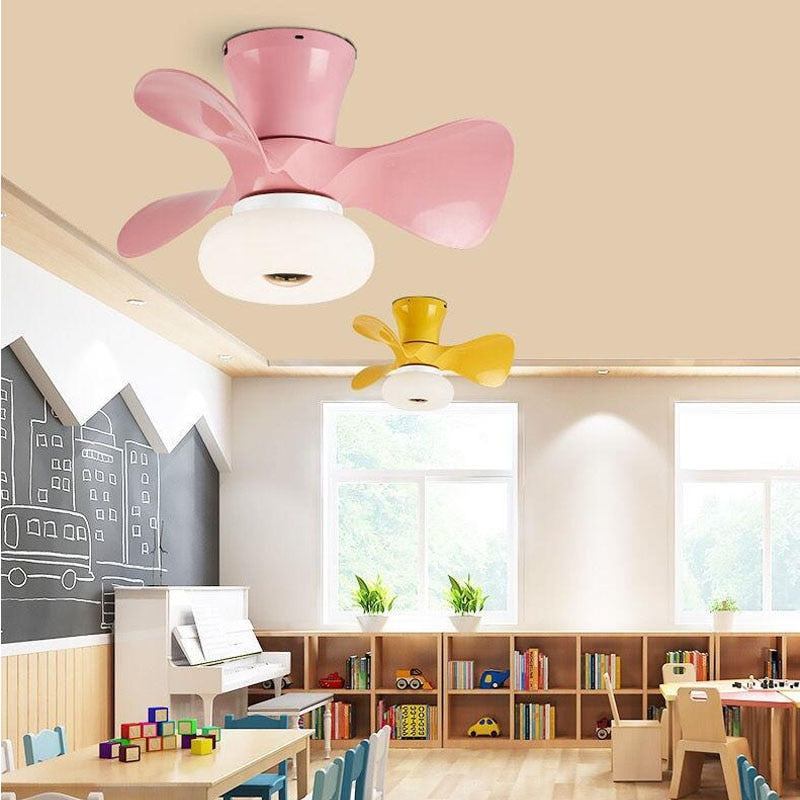 Simple Macaron Lamp Nordic Yellow Pink Crown Led Ceiling Fan Lamp 55CMXH29CM 110V 220V APP Control Fans Light Children Rooom