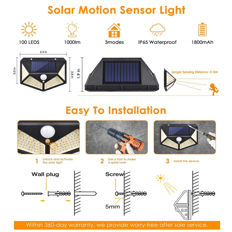 Solar Lights Outdoor 100 LED Solar Sensor Motion Light 3 Modes Outdoor Solar Wireless Lamp IP65 Waterproof Wall Lights