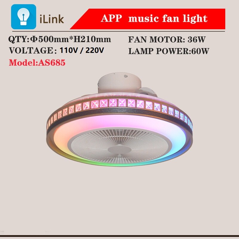 60W LED Ceiling Fan with Light RGB Modern Chandelier Lamp Dimmable with Bluetooth Speaker APP Remote Control for Living Room