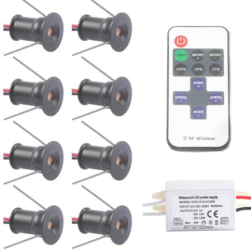 Dimmable Bulb Light IP65 1W 12V 15mm Mini Ceiling Downlight LED Spot Lighting + IP67 Driver Adapter + Remote Stair Bathroom Lamp