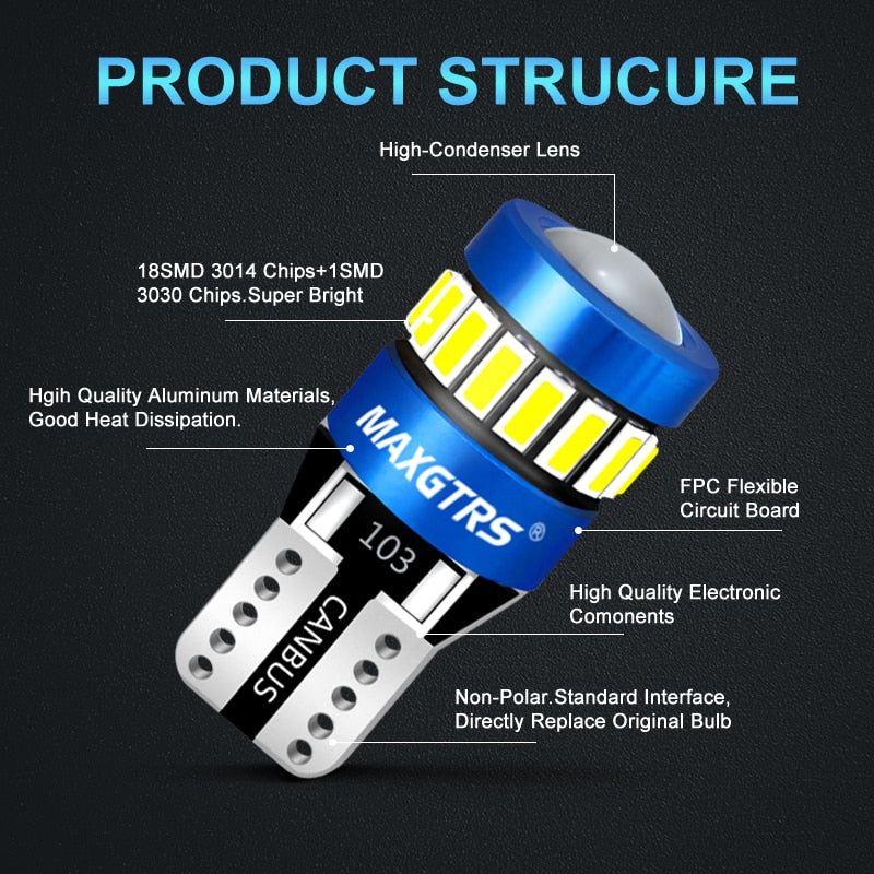 2x W5W T10 LED CANBUS No Error 5W5 12V 5W 750Lm Super Bright Car Interior Side Light 194 3030 SMD Auto Bulb White Amber Red