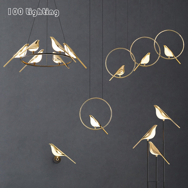 Nordic Golden Bird LED Chandelier Parlor Bar Bedside Hanging Light Fixture Novelty 360 Degree Rotation Replaceable LED Home Deco