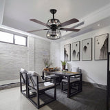 LED Ceiling Fan Light 3 Speed Setting 5 Reversible Wood Blades Retro Cage Chandelier with Remote Control