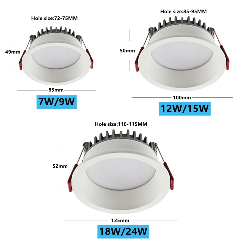 Recessed Anti-glare LED COB Downlight 18W 24W Dimmable 85-265V Ceiling Lamp Spot Light 12W 15W Home Living Room Bedroom Lighting