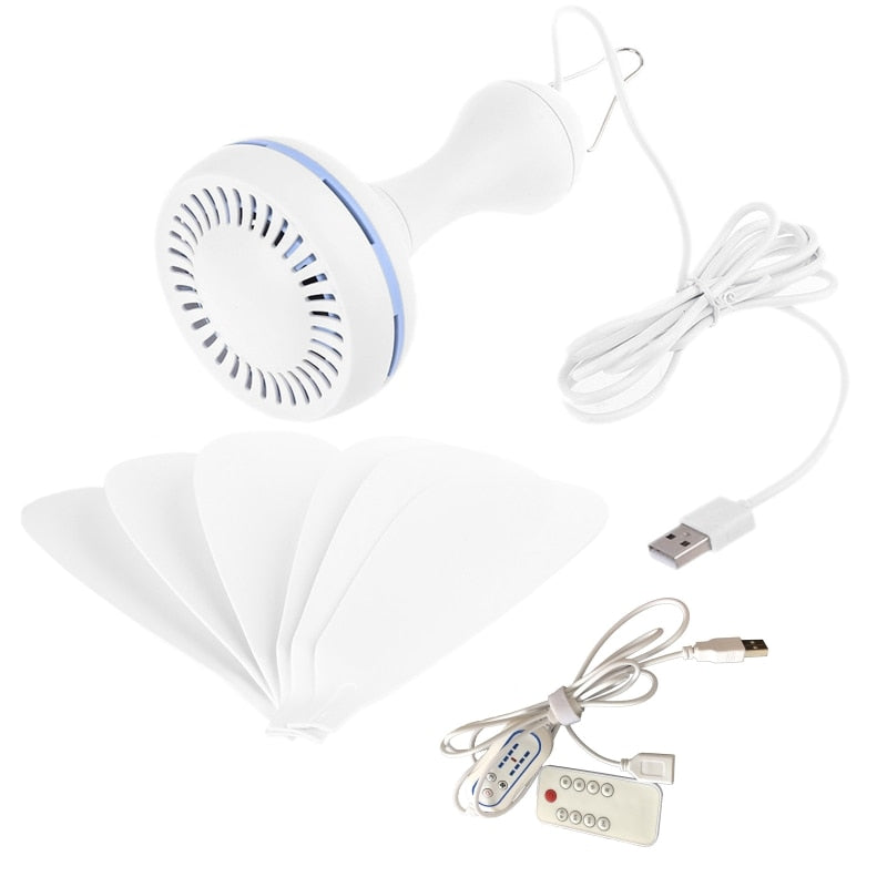 Silent 6 Leaves USB Powered Ceiling Canopy Fan with Remote Control Timing 4 Speed Hanging Fan for Camping Bed Dormitory Tent