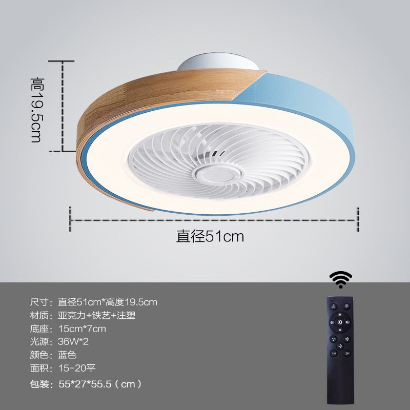Intelligent ceiling fan with light, used for kitchen, dining room and bedroom decoration, 50cm silent invisible fan