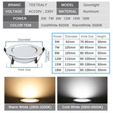 LED Downlight Waterproof 5W 7W 9W 12W 15W Dimmable Ceiling Lights Recessed Lamp Spot Light AC220V 230V for Bathroom Indoor light
