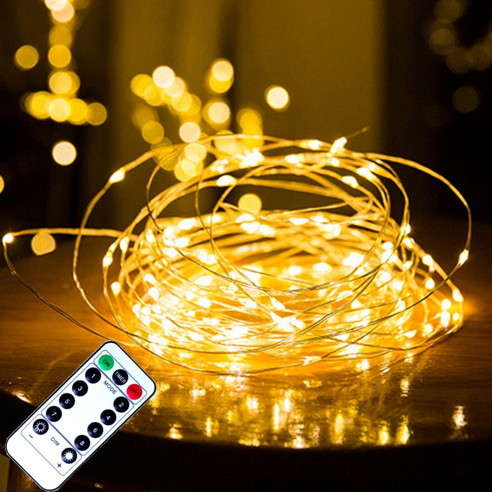 Remote Control Fairy Lights Copper Wire Timer LED String Lights Garland Christmas Decoration Lights USB Battery Powered 5/10/20M