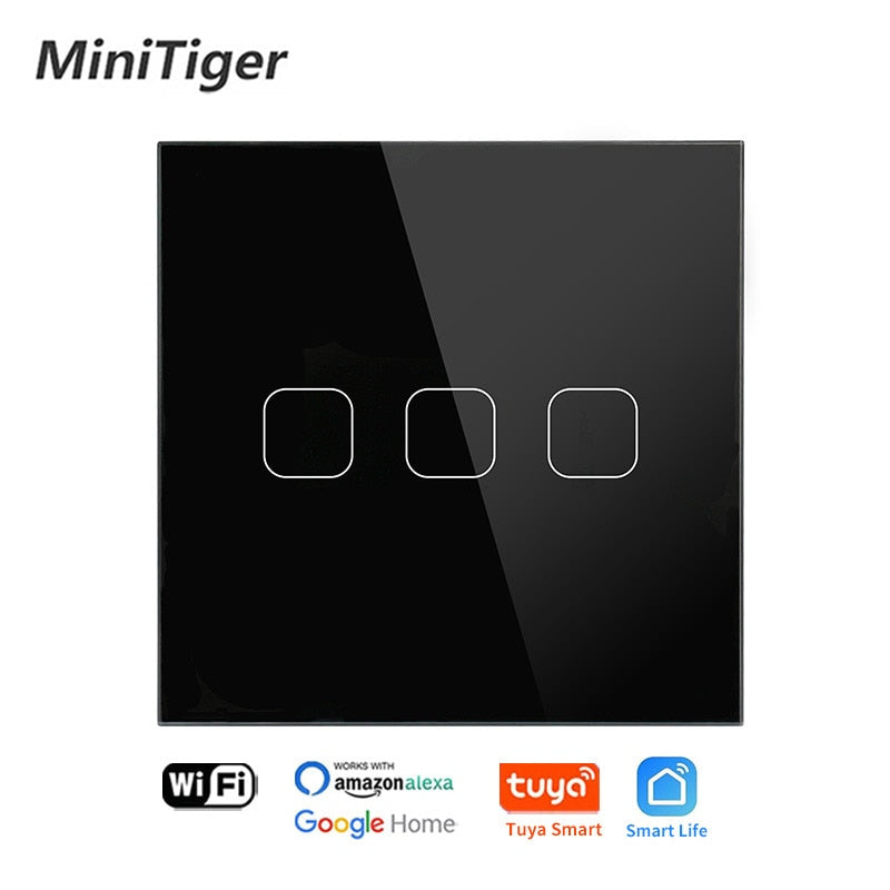 Minitiger 4 Colors Crystal Glass Panel EU/UK Standard 1/2/3 Gang WIFI Touch Switch Tuya app Control Light Wireless Wall Switch