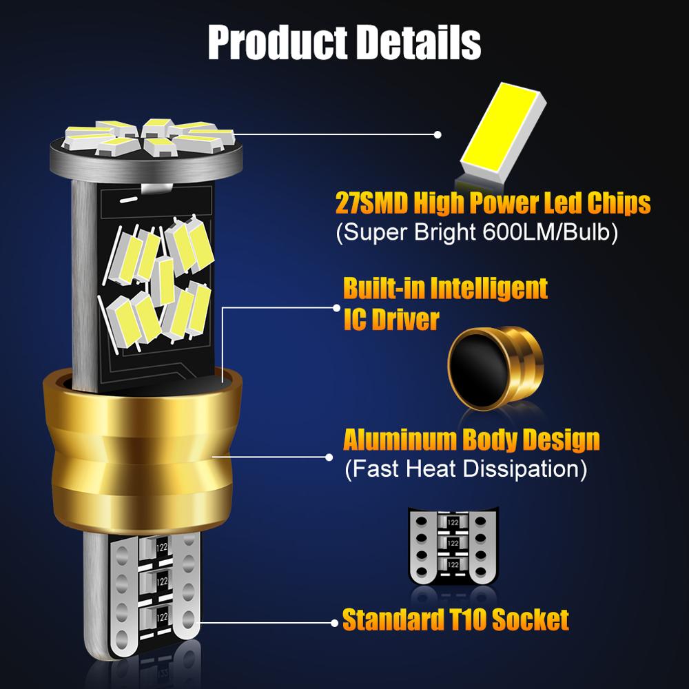 S&D 2Pcs T10 LED Canbus W5W LED Light Bulbs No Error 27SMD Car Interior Reading Parking Lamp Auto Led Trunk Side Door Lamp White