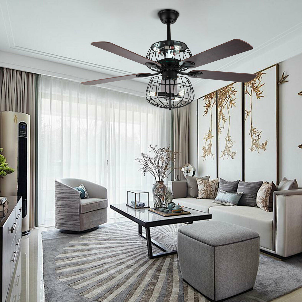 LED Ceiling Fan Light 3 Speed Setting 5 Reversible Wood Blades Retro Cage Chandelier with Remote Control