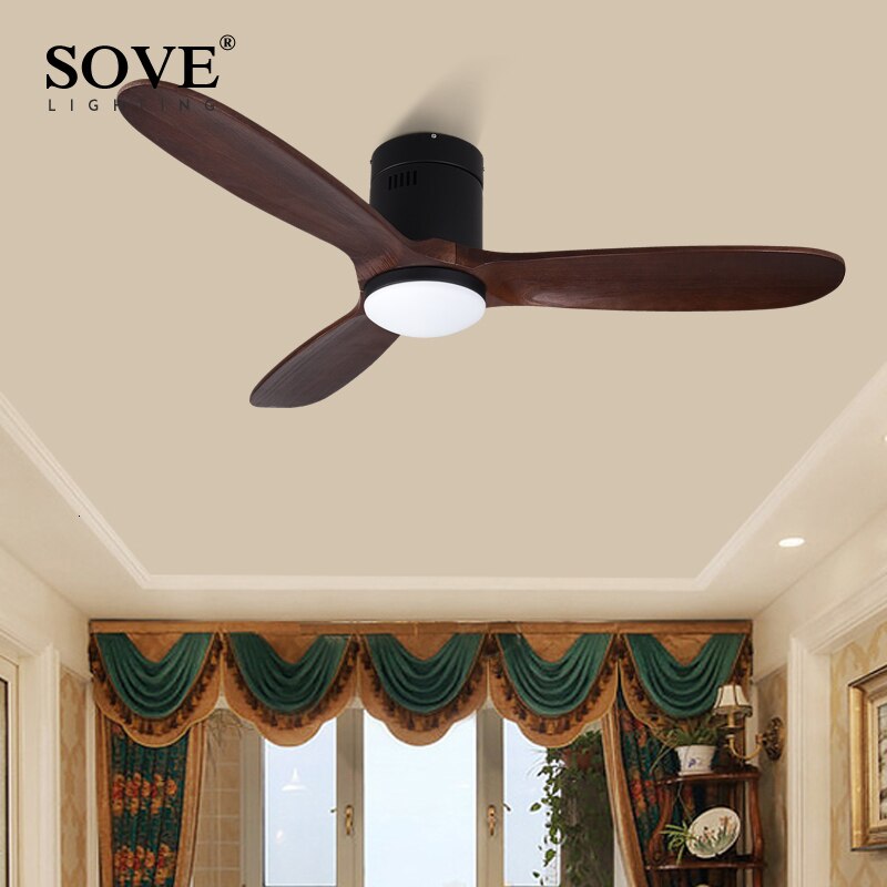 SOVE Black Vintage Wood Ceiling Fan Wooden Ceiling Fans With Lights Decorative Home Fan Lamp Retro Ceiling Fan Remote Control