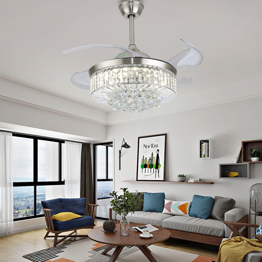 Retractable LED Ceiling Fan Light Crystal Fan Dimmable Pendant Light with Remote Control