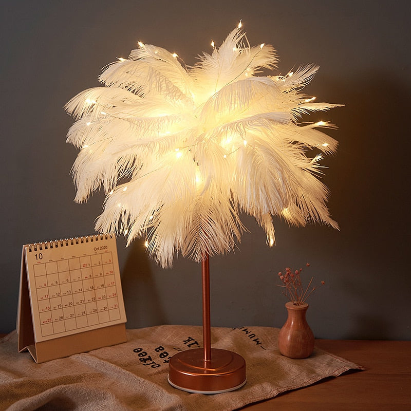 Creative Feather Table Lamp with Remote Control USB/AA Battery Power Desk Lamp Tree Feather Lampshade Night Light for Birthday
