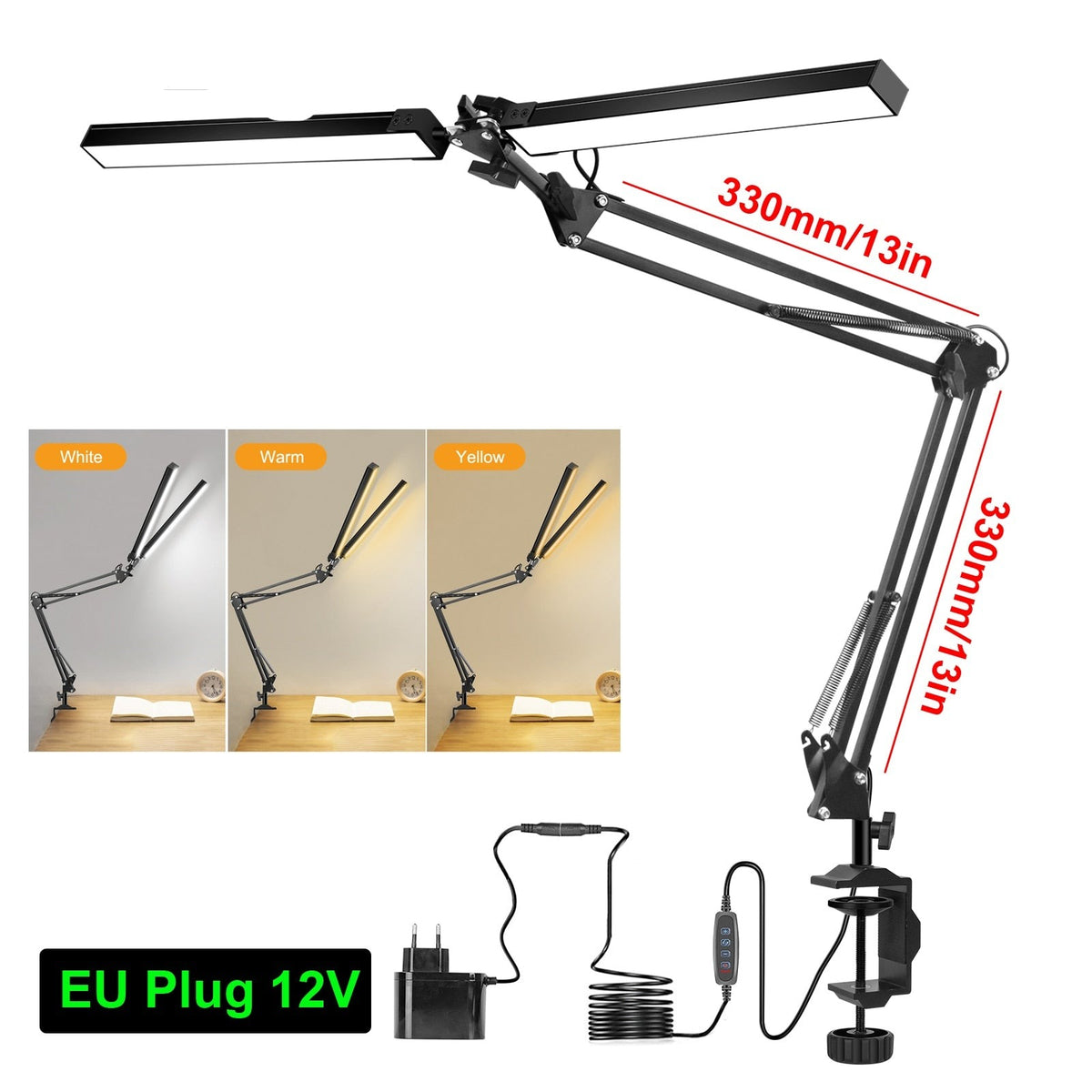 EU/US 12V Reading Desk Lamp with 160Pcs LED Lights 24W Indoor Light Table Clamp Folding Light for Office/Study/Working