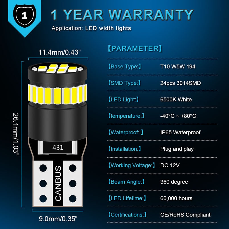 2pcs T10 W5W led Canbus Bulbs 168 194 no error led Parking lights Interior Dome Lights 24SMD 3014 White 12V for Audi BMW Benz