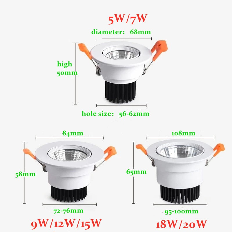 Dimmable AC90V-260V 5W 7W 9W 12W 15W 18W 20W LED Downlights Epistar Chip COB Recessed Ceiling Lamps Spot Lights  For Home illumination