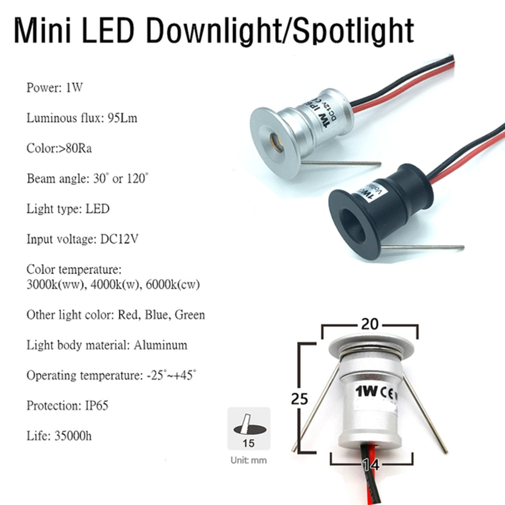 1W Mini LED Downlight 12V Dimmable Spotlight IP65 Staircase Cabinet Li ...