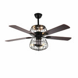 LED Ceiling Fan Light 3 Speed Setting 5 Reversible Wood Blades Retro Cage Chandelier with Remote Control
