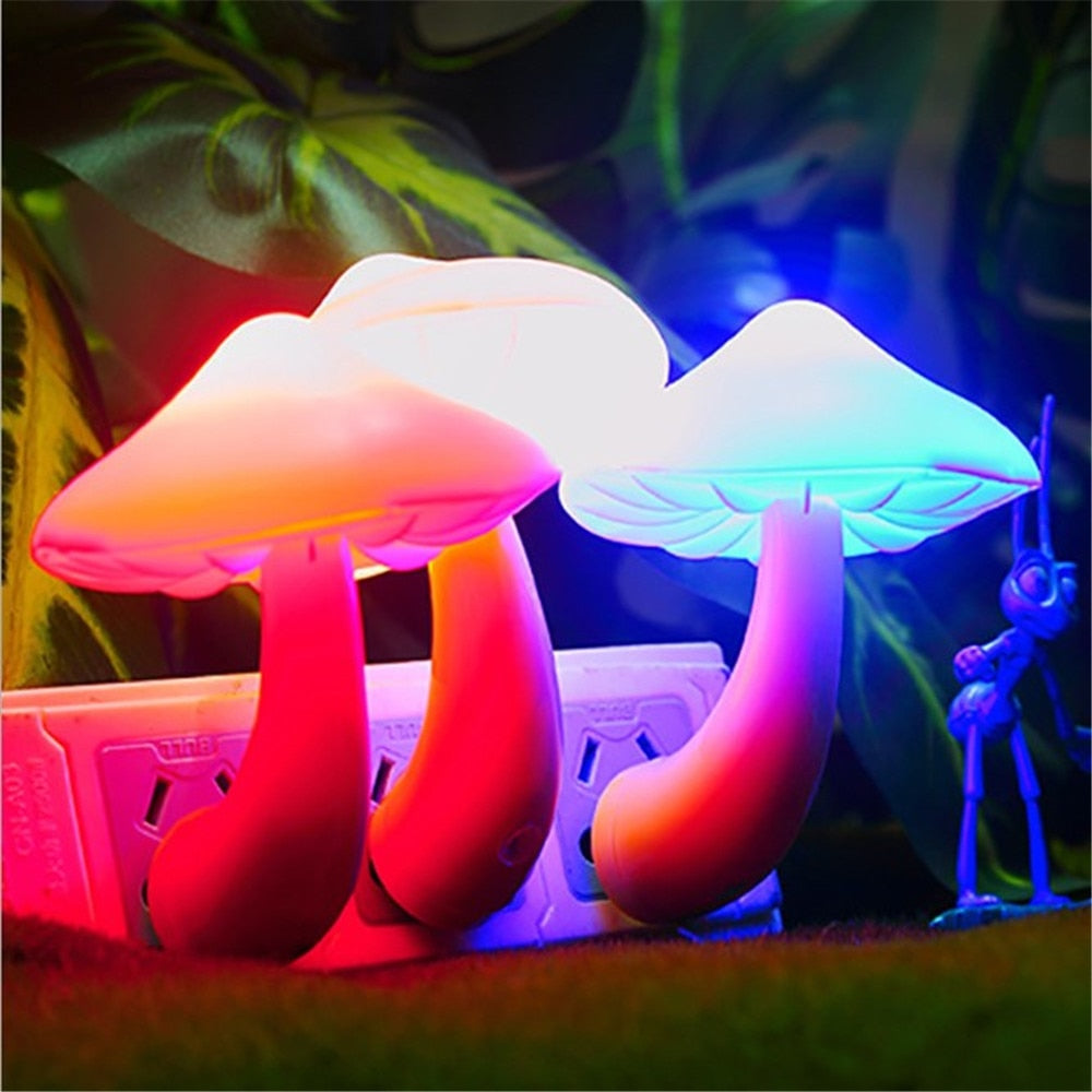 Led Night Light Mushroom Wall Socket Lamp Eu Us Plug Warm White Light-control Sensor Bedroom Light Home Decoration