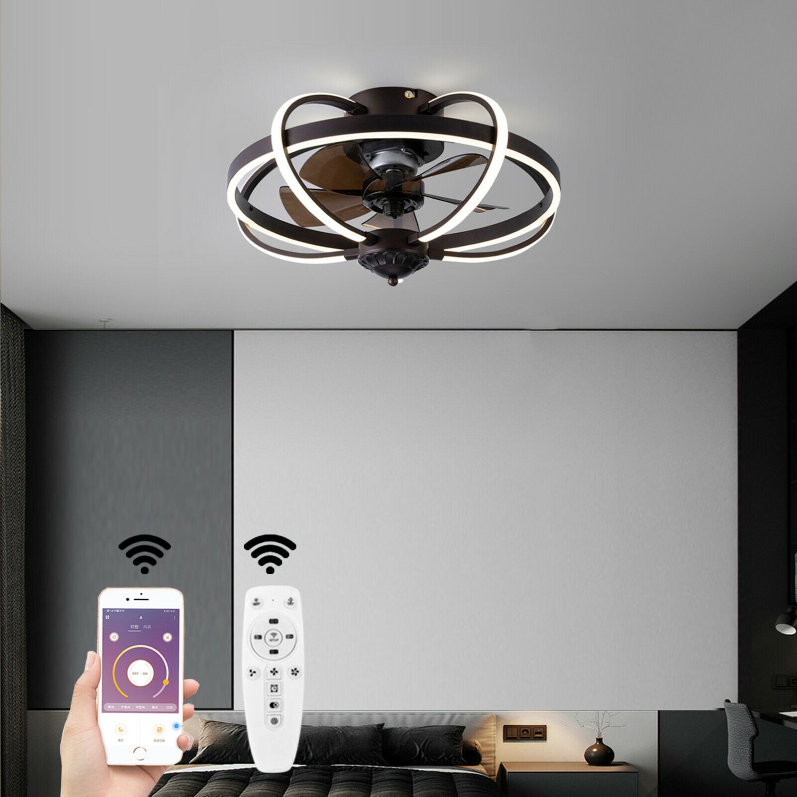 20 Inch LED Ceiling Fan Light Modern Cage Chandelier 3 Speed Setting with Remote and APP Control Function for Bedroom