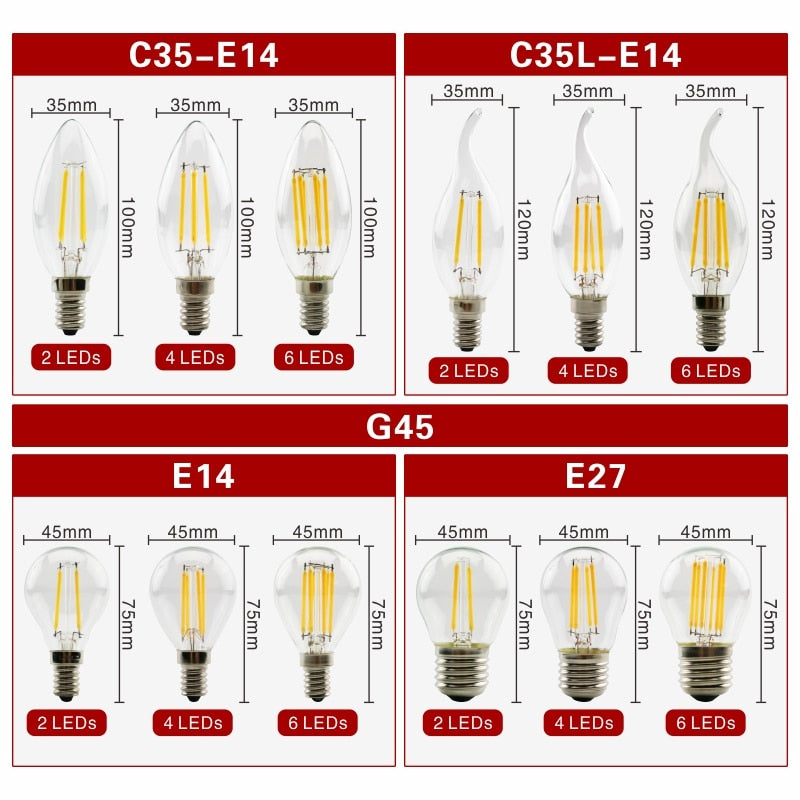  E27 E14 Retro Edison LED Filament Bulb Lamp AC220V Light Bulb C35 G45 A60 ST64 G80 G95 G125 Glass Bulb Vintage Candle Light