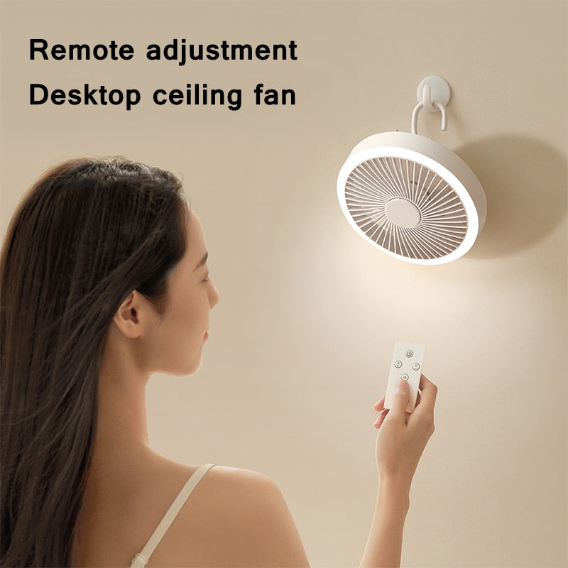 2000mAh USB Rechargeable Ceiling Fans with Remote Control 360° Rotation 3-speed Wind Desk Hanging Ventilator for Outdoor Camping
