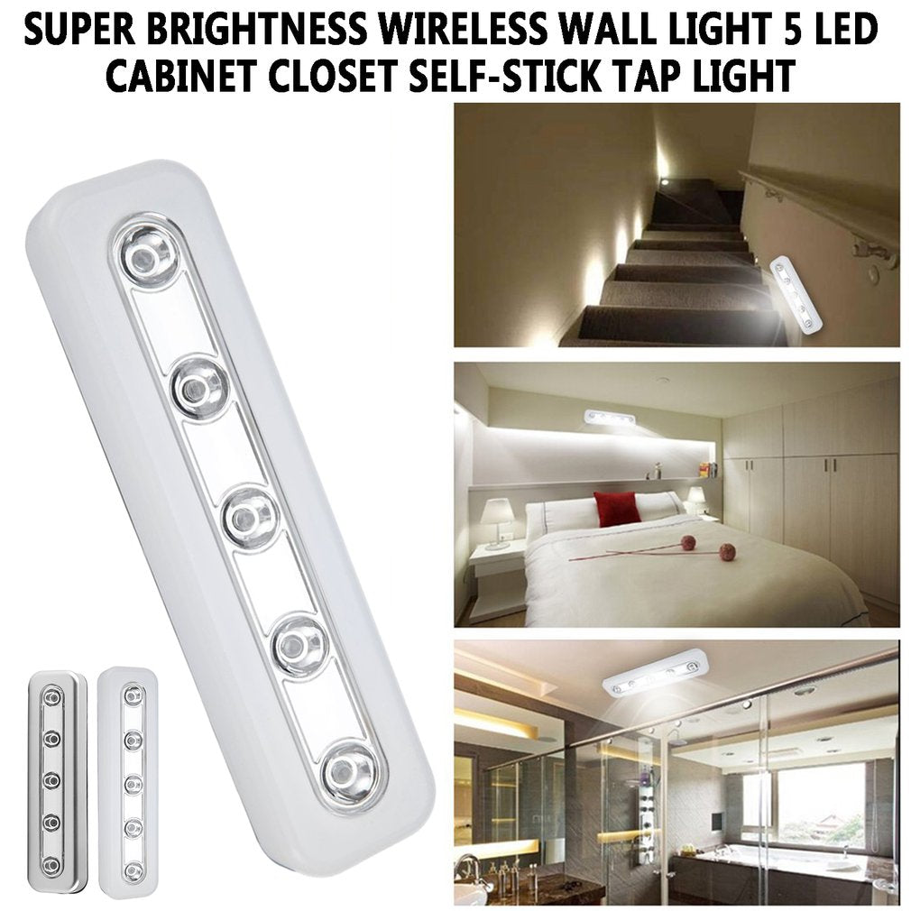 Super Brightness Wireless Wall Light 5 LED Cabinet Closet Self-Stick Tap Light Home Night Emergency Touch Light Lamp