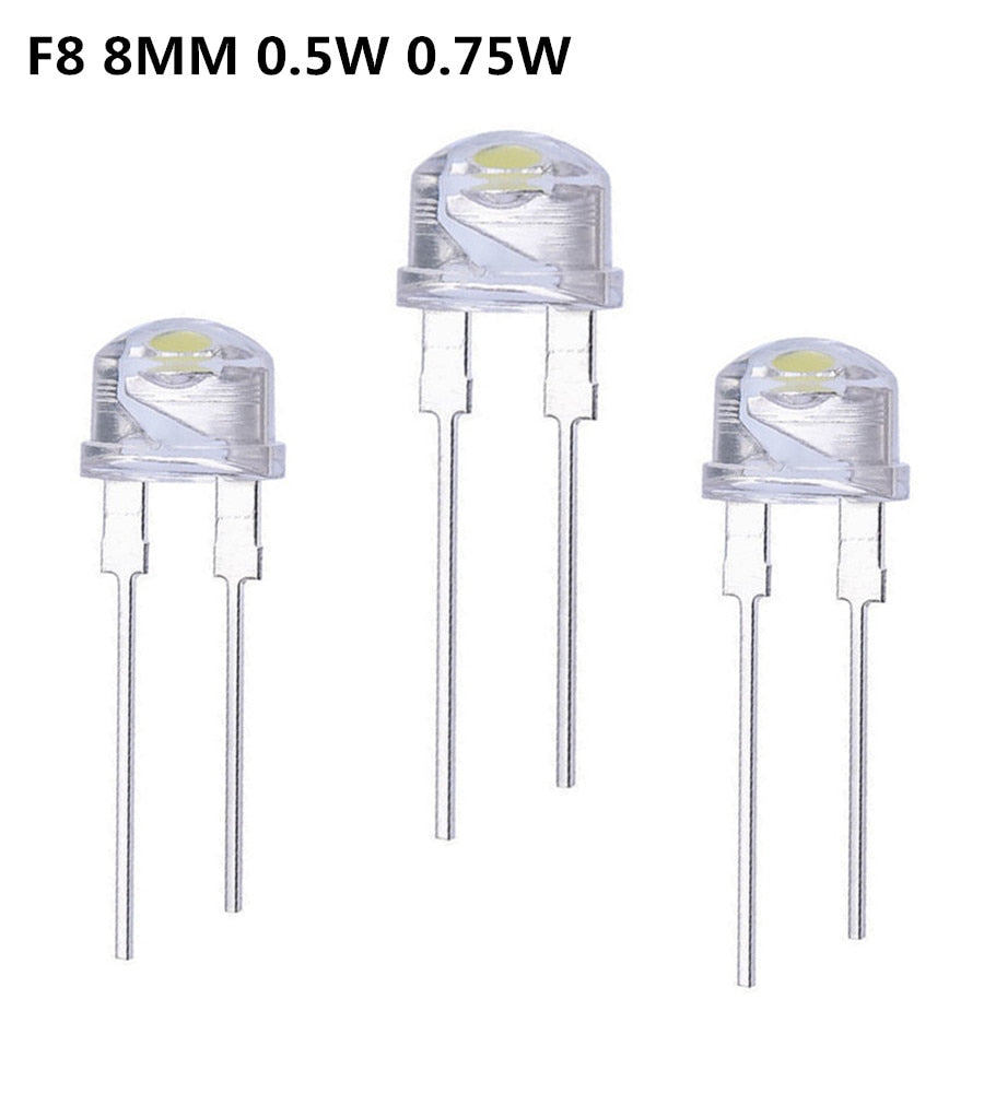 LED 8mm Straw Hat 20PCS 100PCS  Lamp Bead are White Cold Light 0.5W 0.75W  Big chips F8MM Hight Power Hat Light-emitting Diode