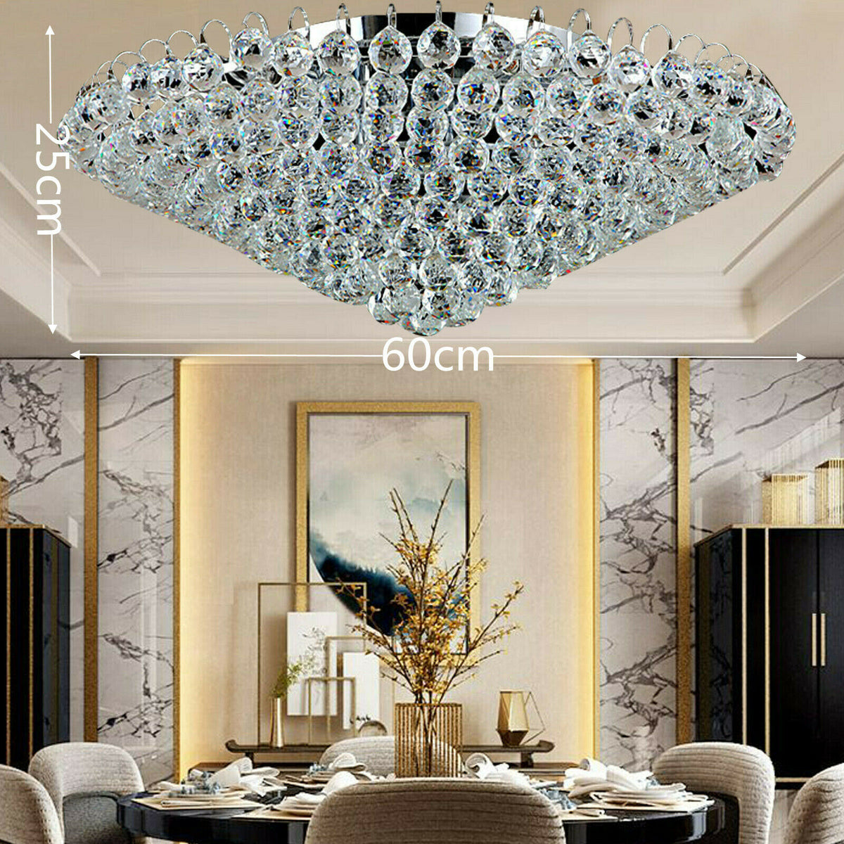 Modern K9 Translucent Crystal Chandelier Circle Ring Flush Mount Hanging Ceiling Light for Living Dining Bedroom