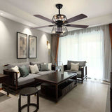 LED Ceiling Fan Light 3 Speed Setting 5 Reversible Wood Blades Retro Cage Chandelier with Remote Control