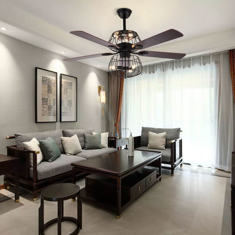 LED Ceiling Fan Light 3 Speed Setting 5 Reversible Wood Blades Retro Cage Chandelier with Remote Control