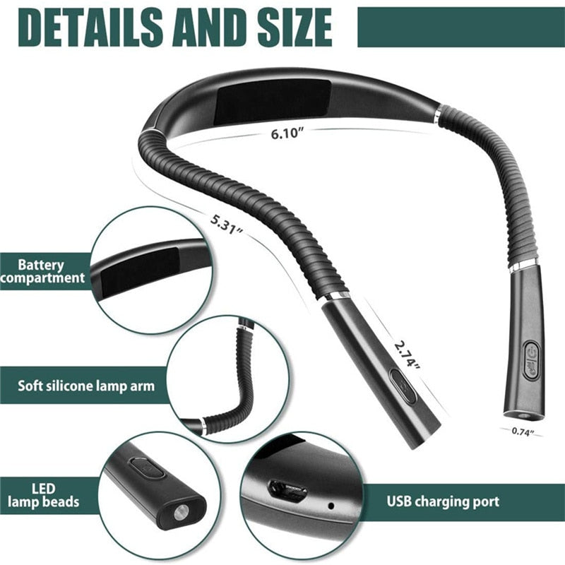 Neck Reading Light Novelty Flexible Neck Lights Handsfree Book Light Hanling Read Lamp Portable USB Rechargeable Book Lighting