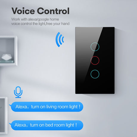Tuya US Wi-fi Wall Switch, Smart Light Switch, Glass Panel Touch-Sensor interrupter 1/2/3 Gang Work with Alexa, Google Home