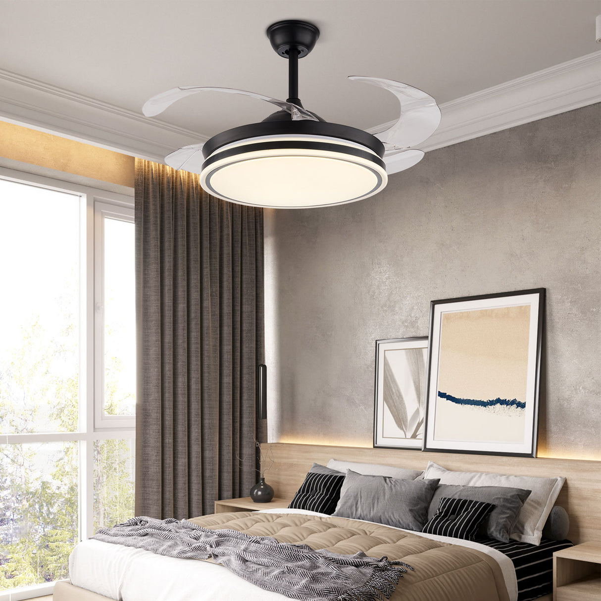 Modern Black LED Ceiling Fan Light with Remote Control 4 Clear Blades for Bedroom Living Room