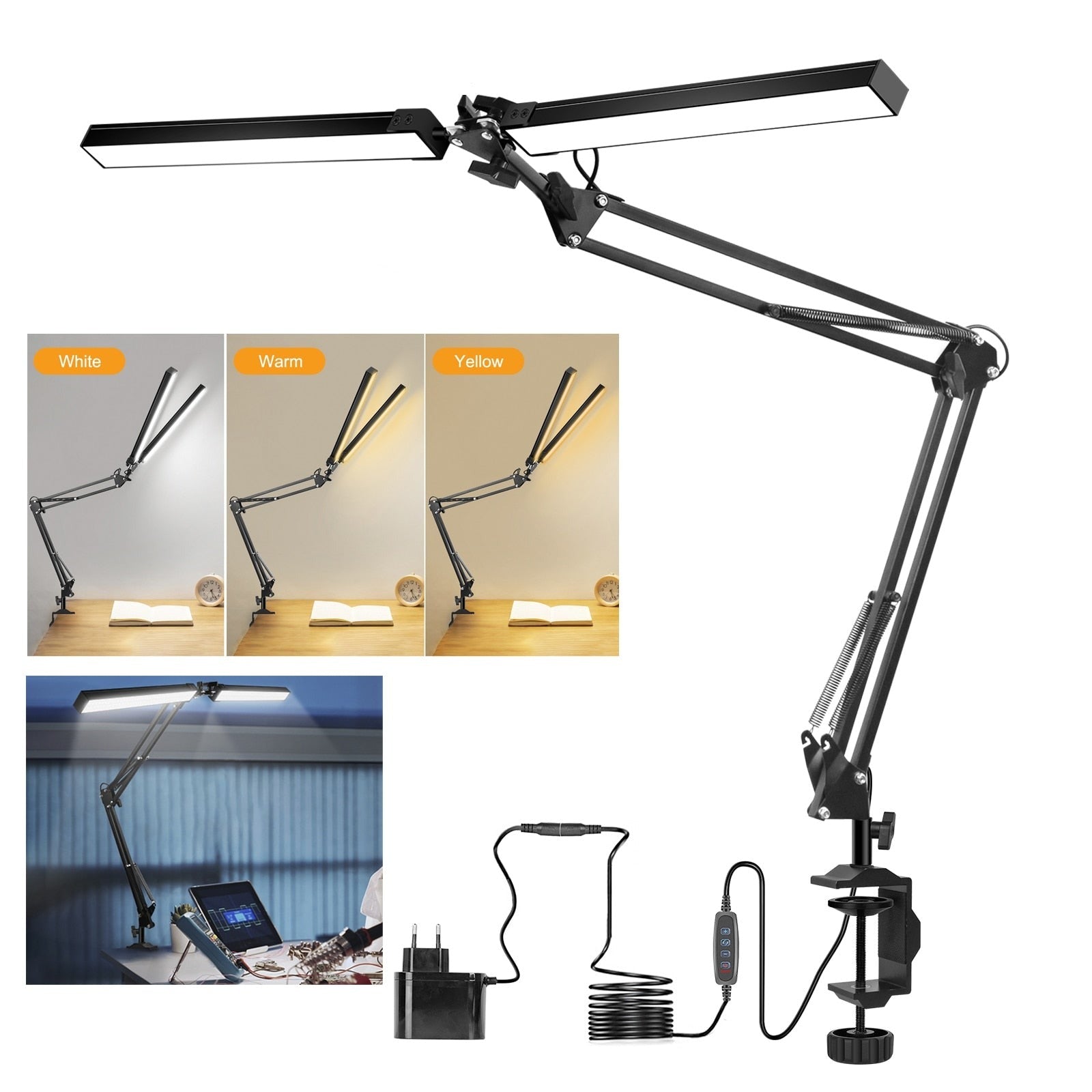 EU/US 12V Reading Desk Lamp with 160Pcs LED Lights 24W Indoor Light Table Clamp Folding Light for Office/Study/Working