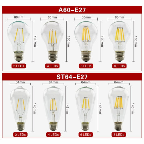  E27 E14 Retro Edison LED Filament Bulb Lamp AC220V Light Bulb C35 G45 A60 ST64 G80 G95 G125 Glass Bulb Vintage Candle Light