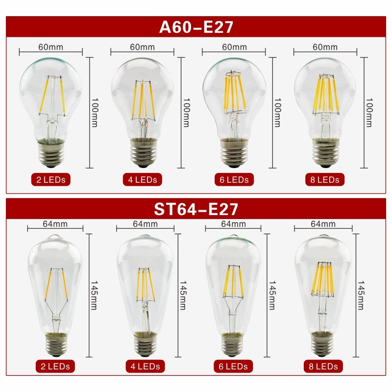  E27 E14 Retro Edison LED Filament Bulb Lamp AC220V Light Bulb C35 G45 A60 ST64 G80 G95 G125 Glass Bulb Vintage Candle Light
